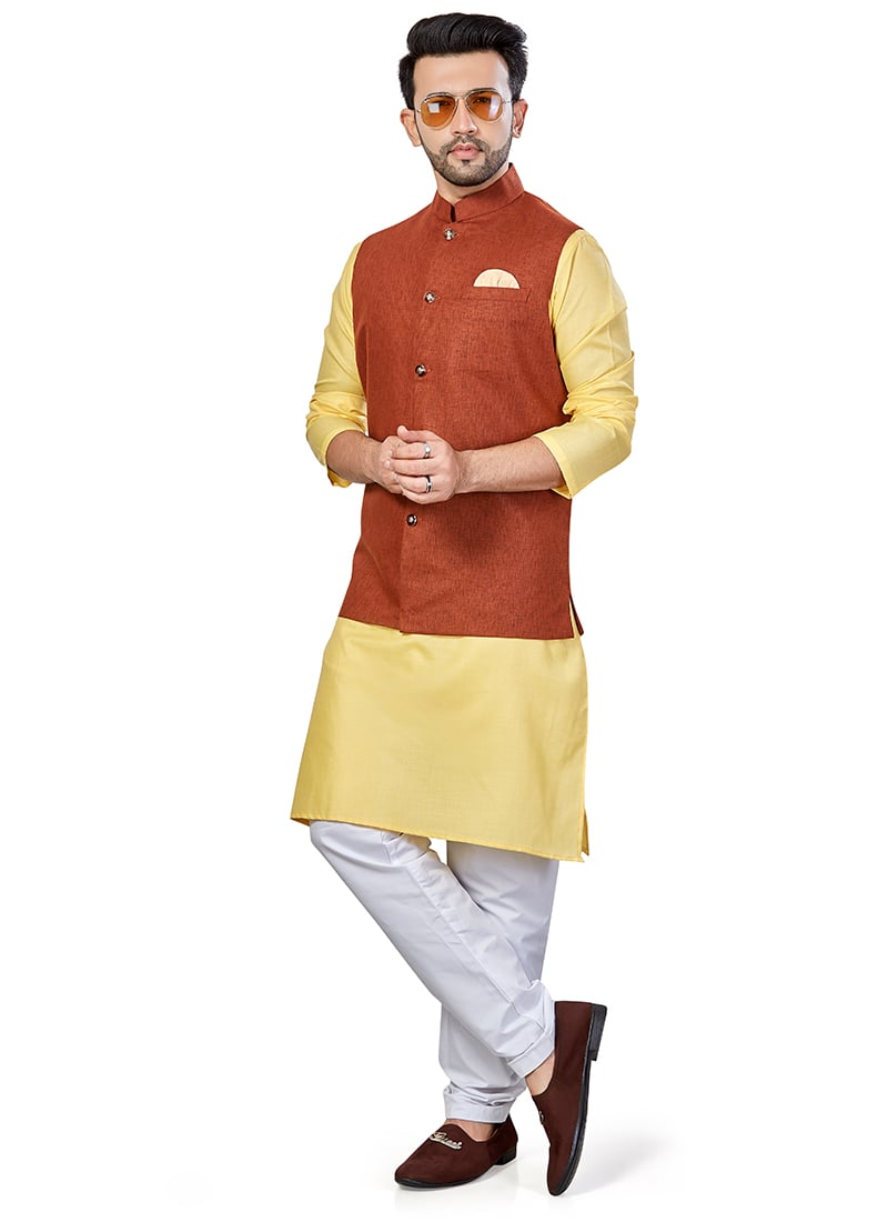 Yellow Linen Blend Kurta Pyjama With Jacket