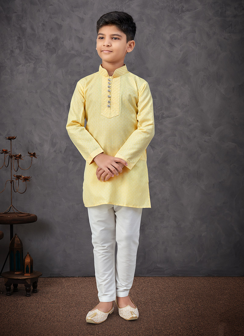 Yellow Linen Cotton Boys Kurta Pyjama Festive Wear