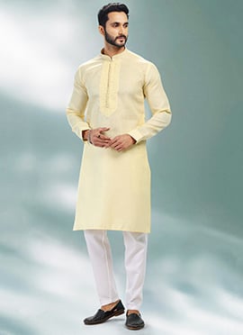 Yellow Linen Cotton Embroidery Kurta Pyjama