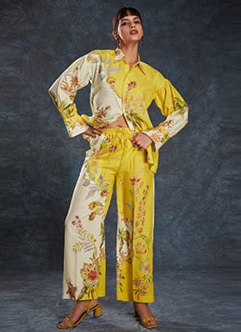 Yellow Linen Digital Print Indowestern Co ord Set