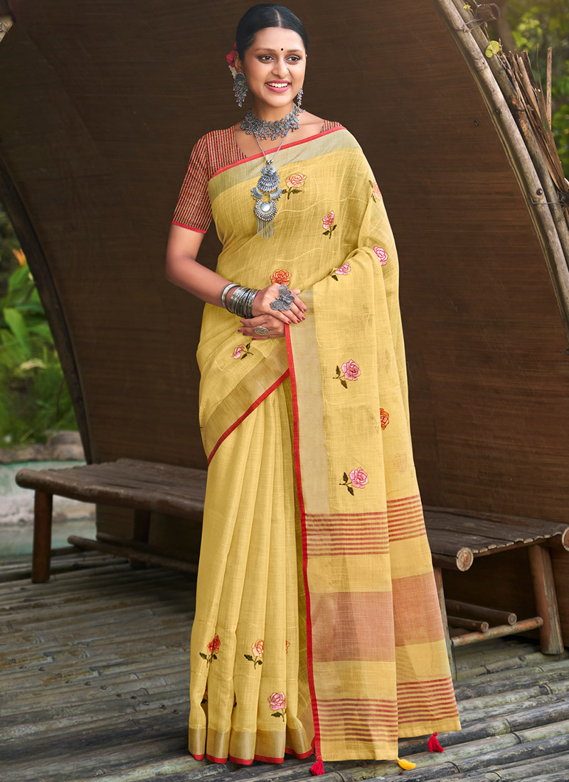 Shop Yellow Linen Embroidered Saree Festive Wear Online at Best Price