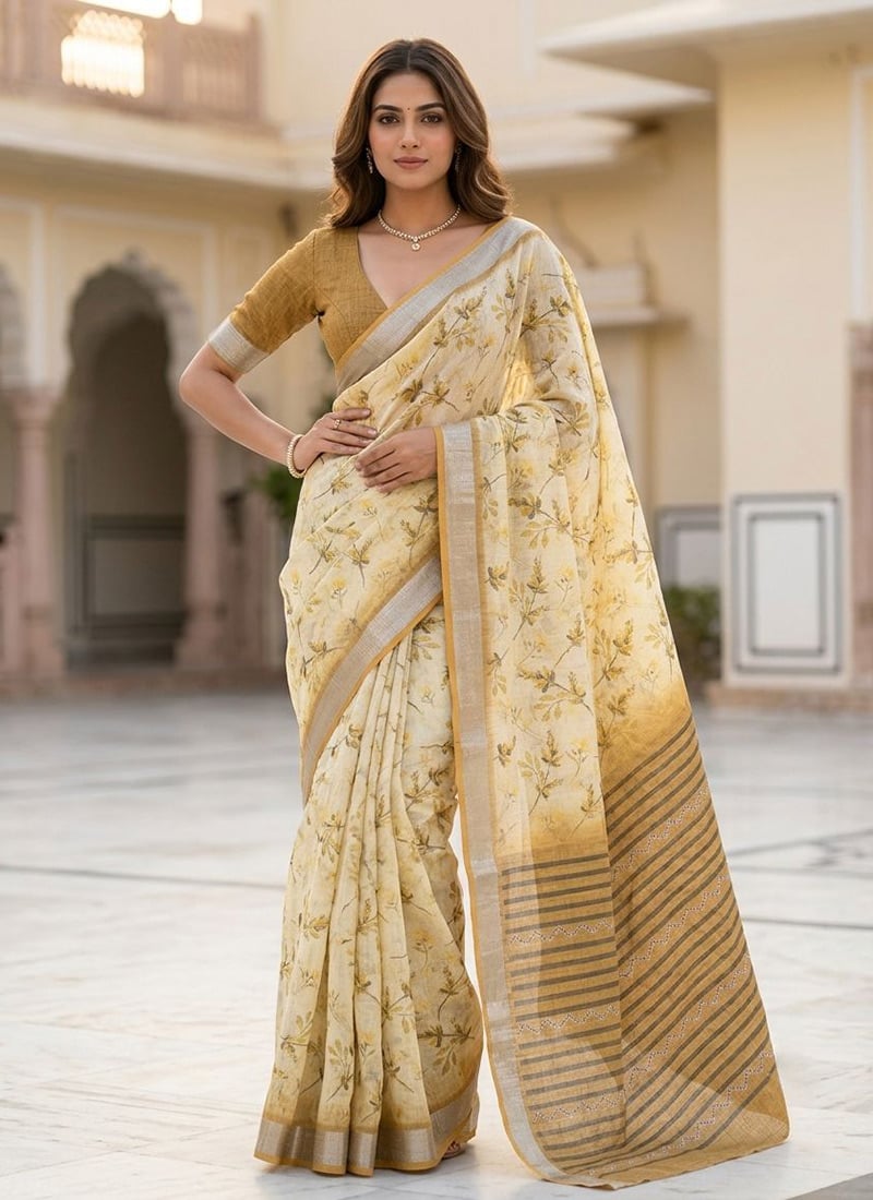 Yellow Linen Floral Print Saree After Six Wear