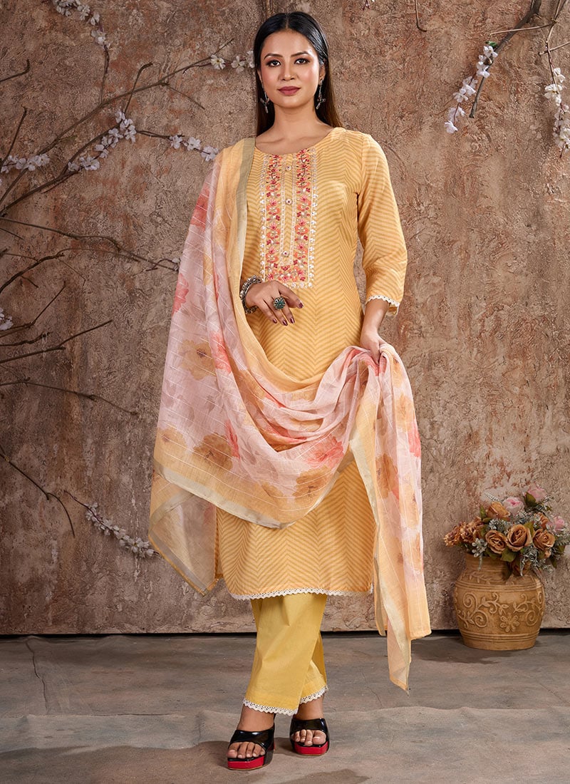 Yellow Linen Indian Straight Pant Suit Embossed With Embroidery And Sequins Festive Wear