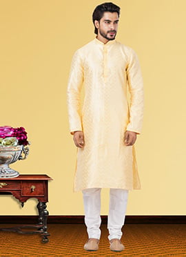 Yellow Linen Silk Zari Work Kurta Pyjama