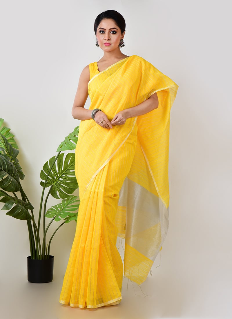 Yellow Linen Zari Striped Saree