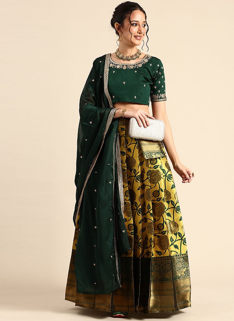 Yellow Litchi Silk Zari A Line Lehenga