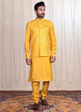 Yellow Malai Silk Zari Embroidered Bandi Set For Men