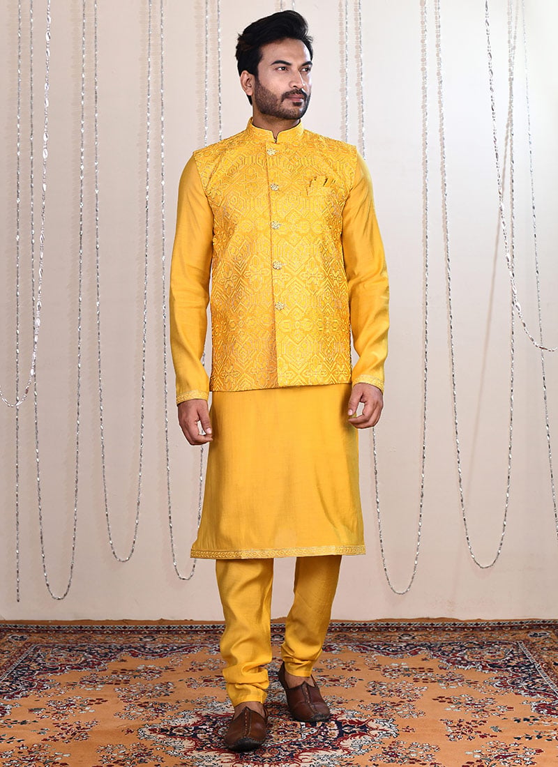 Yellow Malai Silk Zari Embroidered Bandi Set For Men Festive Wear