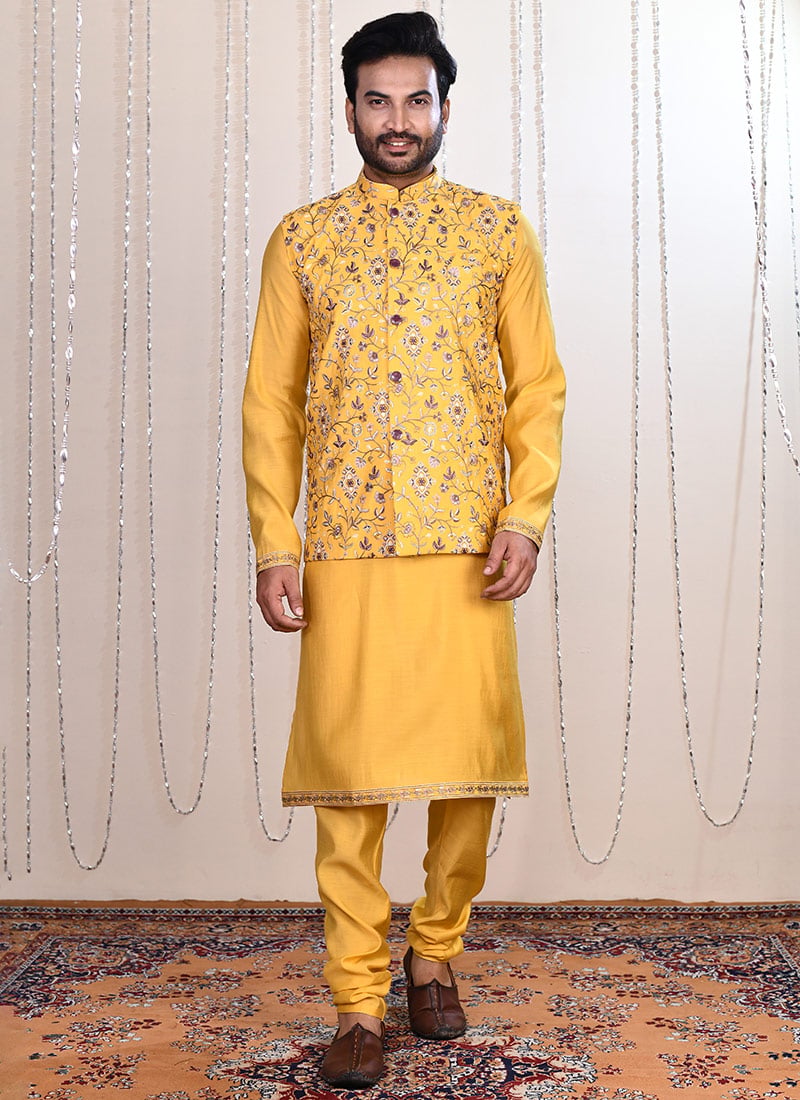 Yellow Malai Silk Zari Embroidered Bandi Set For Men Festive Wear
