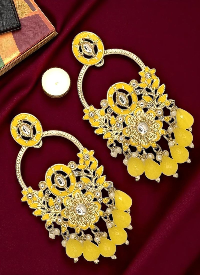 Yellow Meenakari Beads Kundan And Moti Adorned Chaand Bali Festive Wear