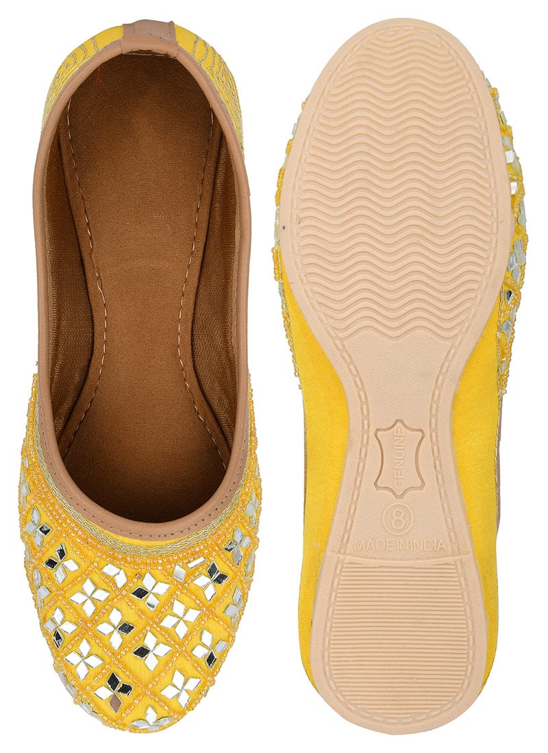 Yellow Mirror And Beads Work Juti