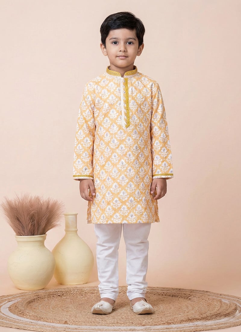 Yellow Mono Cotton Polyester Printed Kids Boys Kurta Pyjama Festive Wear