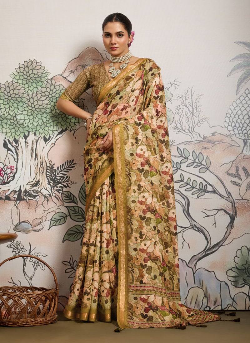 Yellow Moss Polyester Digital Print Zari Saree After Six Wear