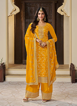 Yellow Munga Silk Embroidered Sequins Jacquard Palazzo Suit