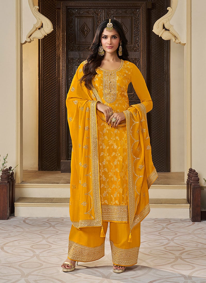 Yellow Munga Silk Embroidered Sequins Jacquard Palazzo Suit Festive Wear