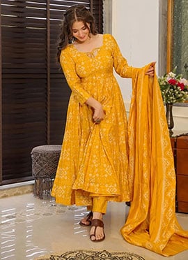 Yellow Muslin Digital Print Anarkali Suit
