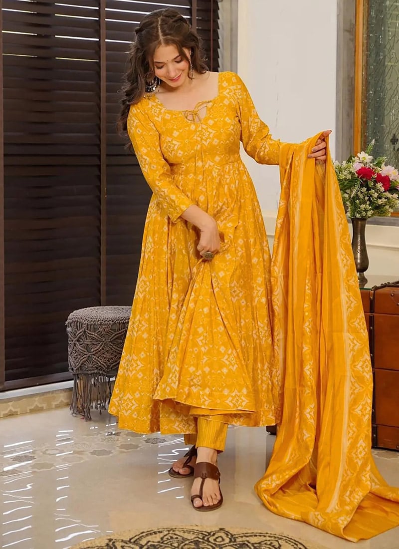 Yellow Muslin Digital Print Anarkali Suit  Festive Wear