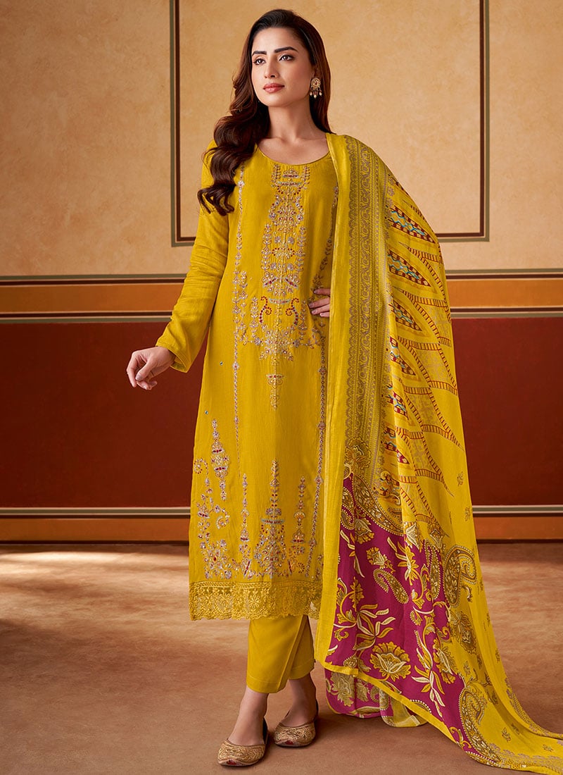 Yellow Muslin Digital Print Embroidered Pakistani Straight Pant Suit  Festive Wear