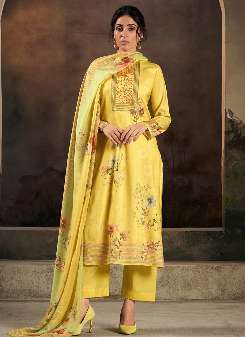 Yellow Muslin Digital Print Embroidered Straight Pant Suit After Six Wear