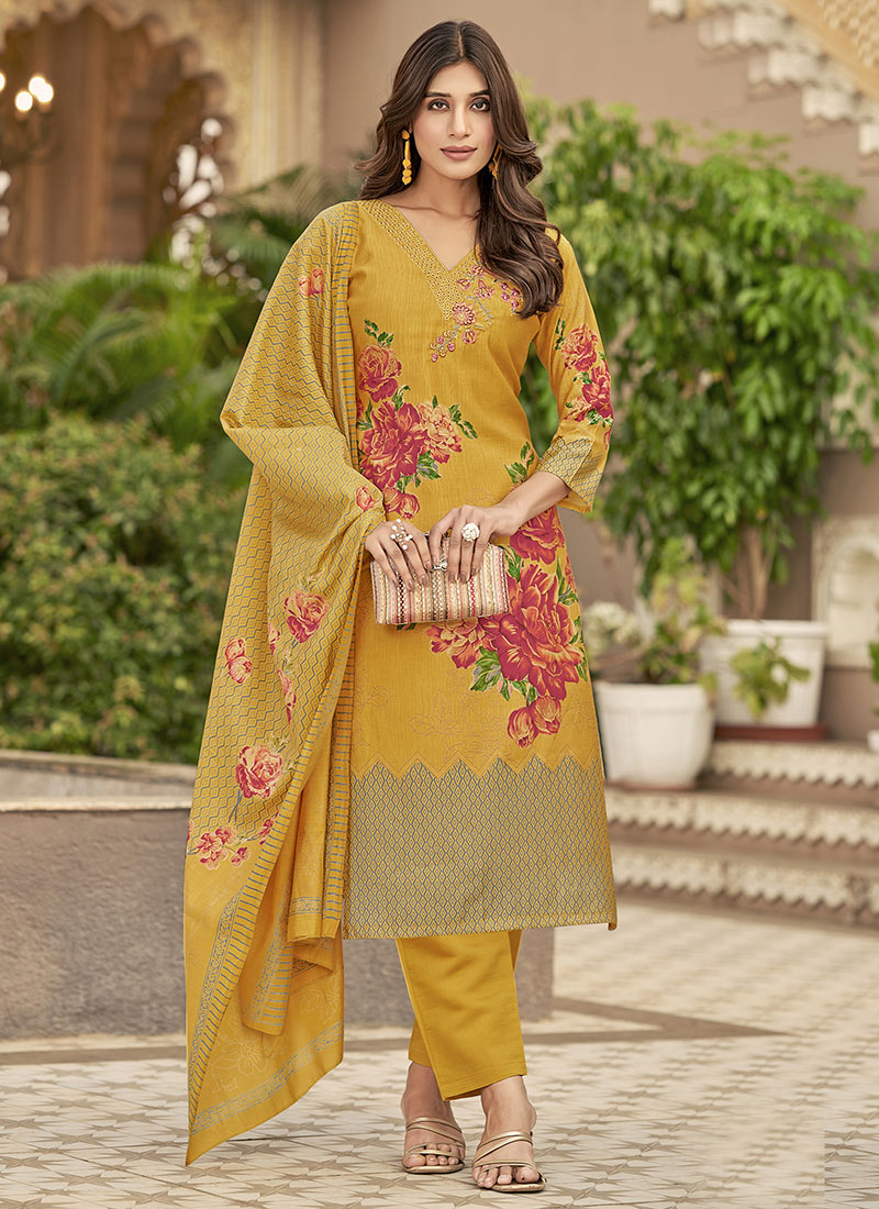 Yellow Muslin Digital Print Embroidered Straight Pant Suit Festive Wear