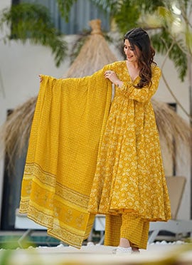 Yellow Muslin Digital Print Palazzo Suit