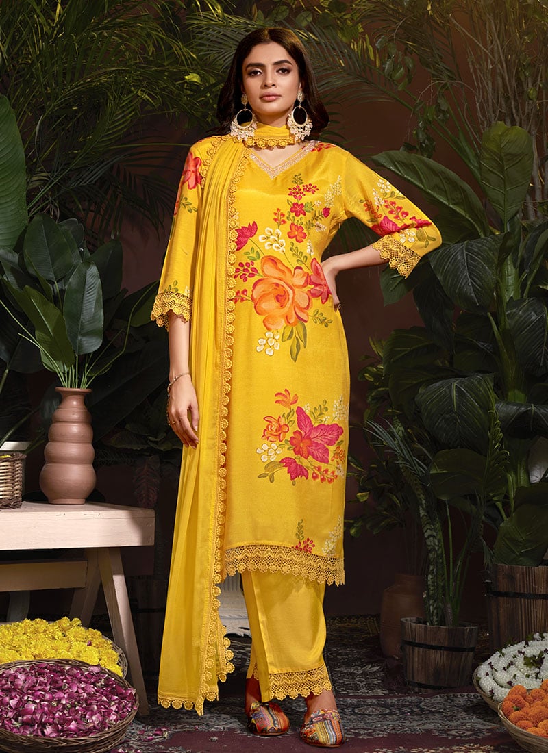 Yellow Muslin Floral Digital Print Lace Work With Straight Pant Suit Party Wear