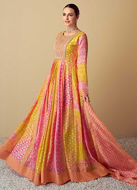 Yellow Muslin Printed Sequins Beads Work Abaya Style Anarkali Suit