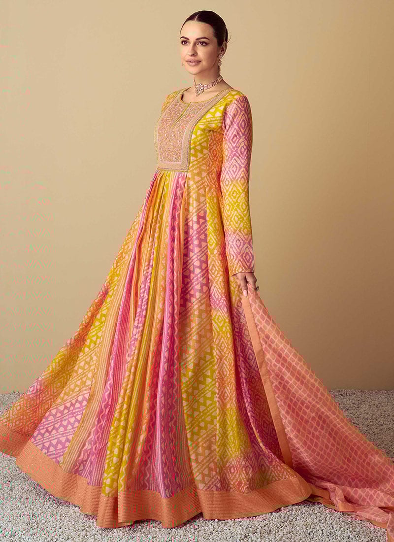 Yellow Muslin Printed Sequins Beads Work Abaya Style Anarkali Suit Wedding Wear-SLSCC53737486