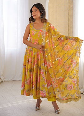 Yellow Muslin Silk Digital Print Anarkali Sui