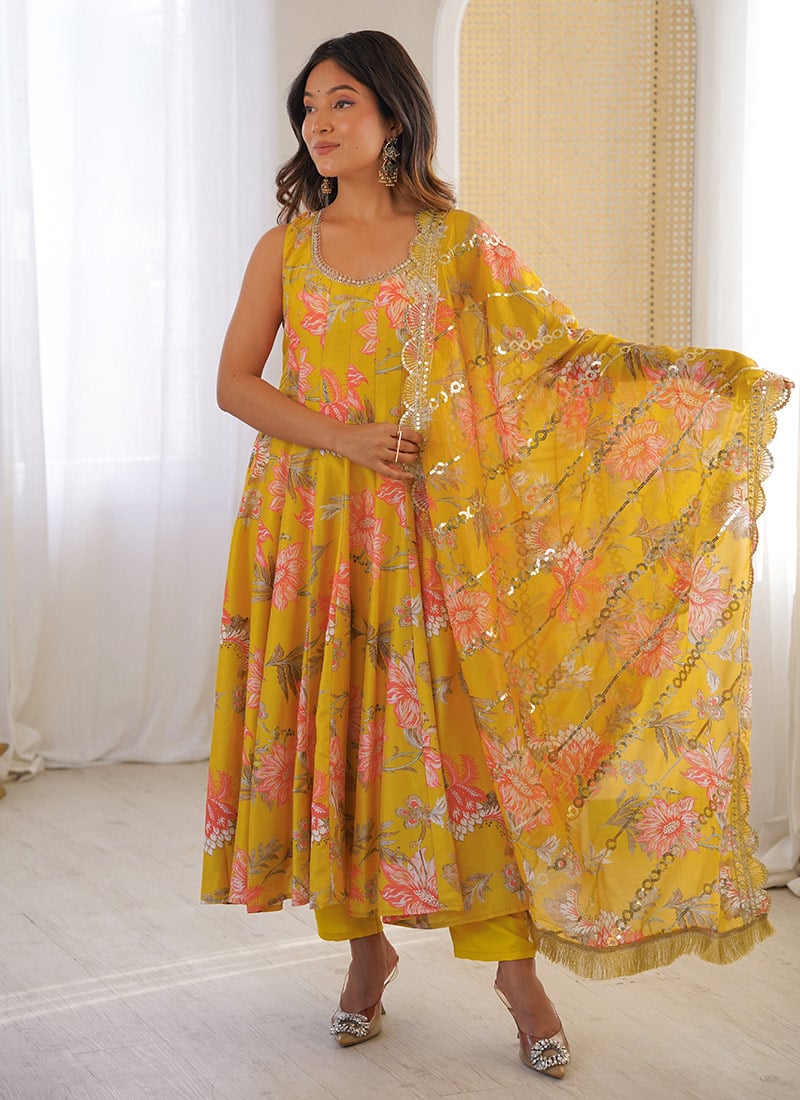 Yellow Muslin Silk Digital Print Anarkali Sui Festive Wear