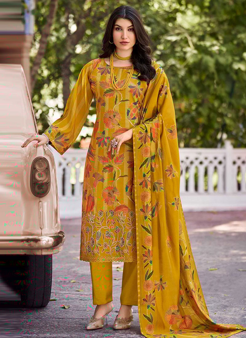 Yellow Muslin Thread Embroidered And Floral Print Straight Pant Suit