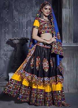 Yellow N Black Art Silk Thread Embroidered Chaniya Choli