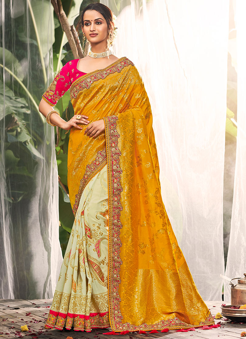 Buy Yellow N Off White Art Silk Half N Half Saree Festive Wear Embroidered Half N Half Saree Online Shopping Sasli