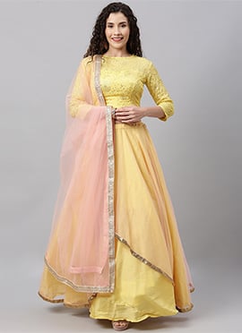 Yellow N Peach Embroidered Lehenga Set