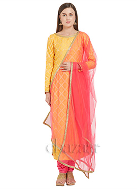 Yellow N Pink Art Silk Churidar Suit