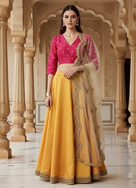 Yellow N Pink Embroidered Lehenga Set