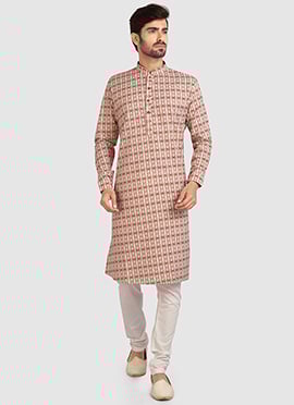 Beige Red N Red Cotton Printed Kurta Pyjama