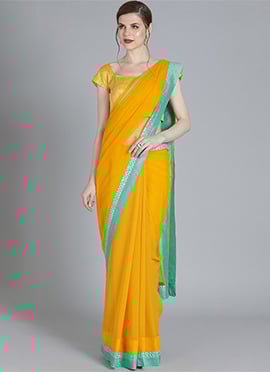 Yellow N Turquoise Contrast Half N Half Saree