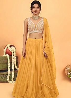 Yellow Net Cutdana Beads Sequins Hand Embroidered Lehenga