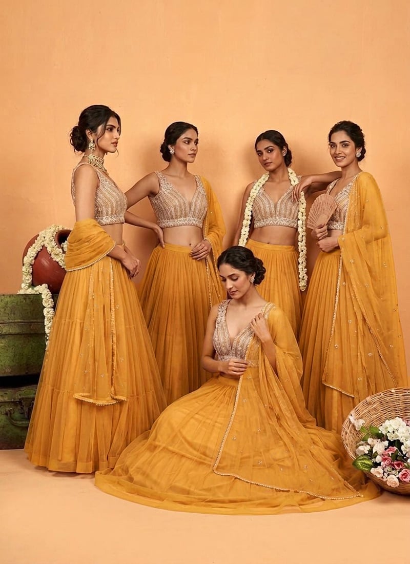 Yellow Net Cutdana Beads Sequins Hand Embroidered Lehenga Wedding Wear
