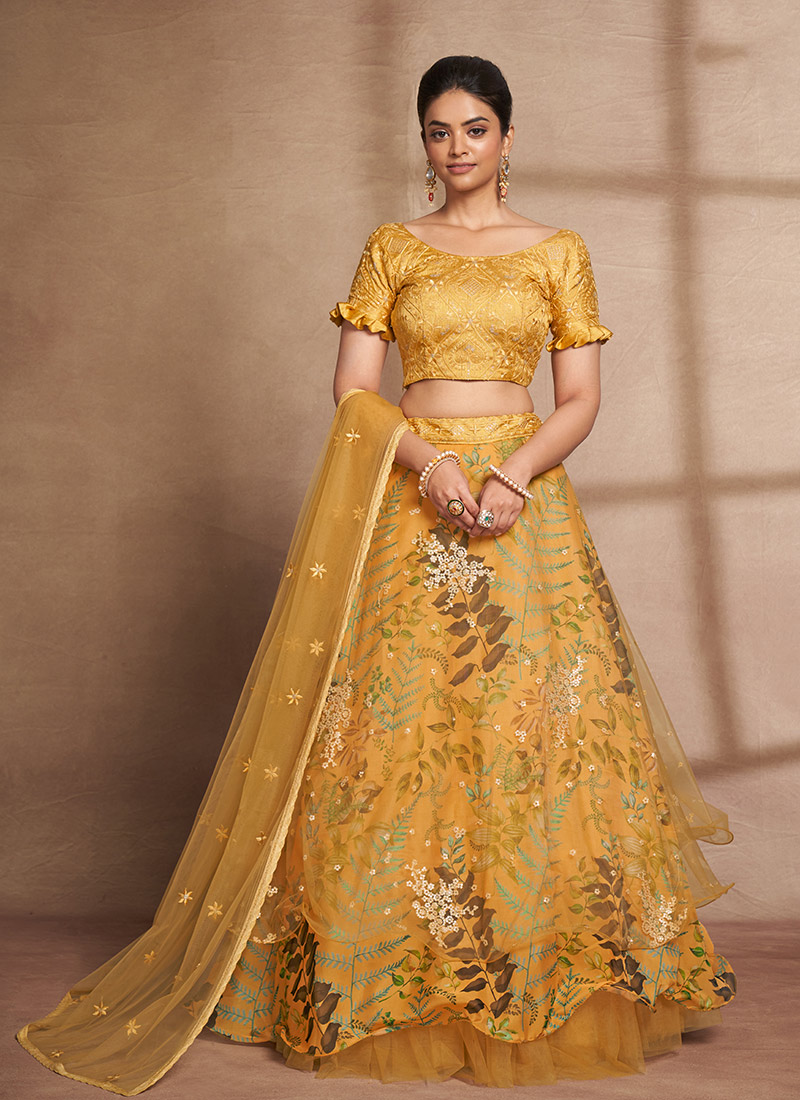 Yellow Net Digital Print Sequins Umbrella Lehenga Party Wear