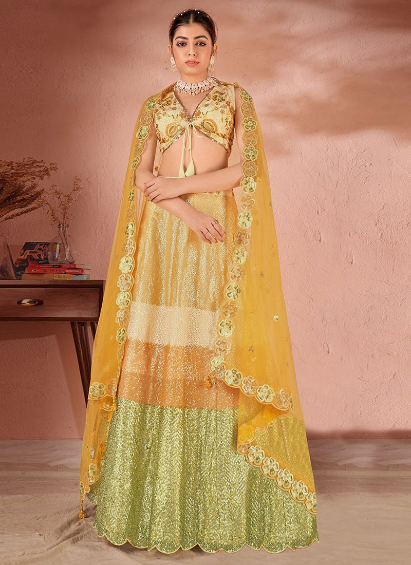 Yellow Net Embroidered Sequins Lehenga Wedding Wear