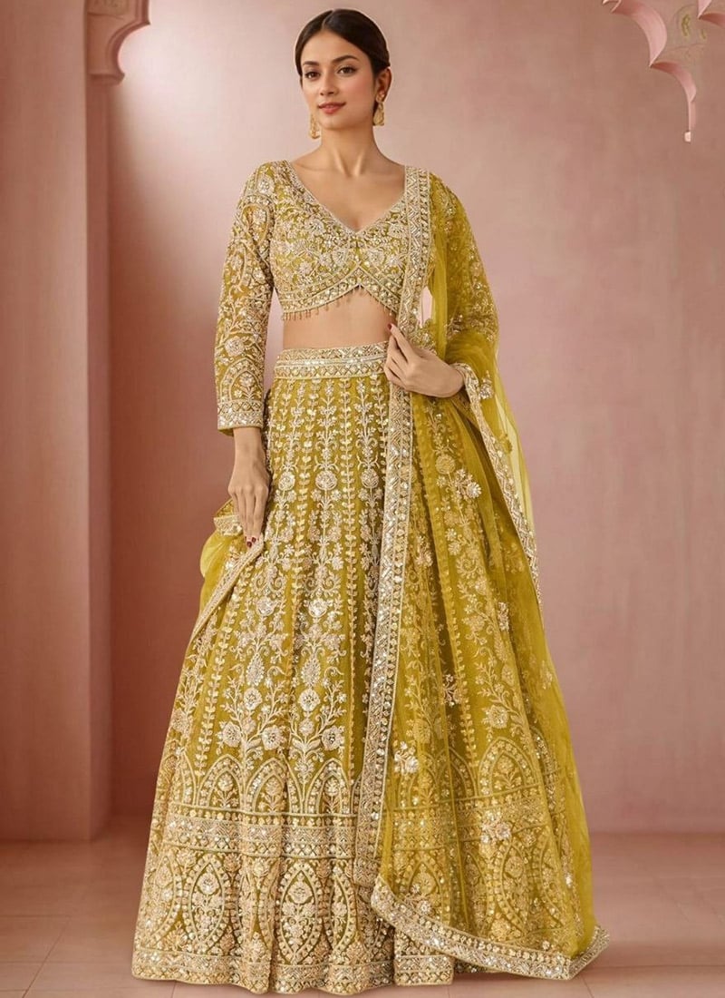 Yellow Net Embroidered Sequins Lehenga Wedding Wear