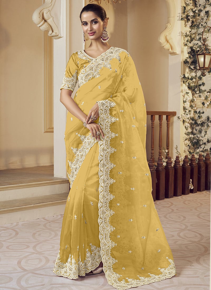 Yellow Net Embroidered Sequins Saree Wedding Wear