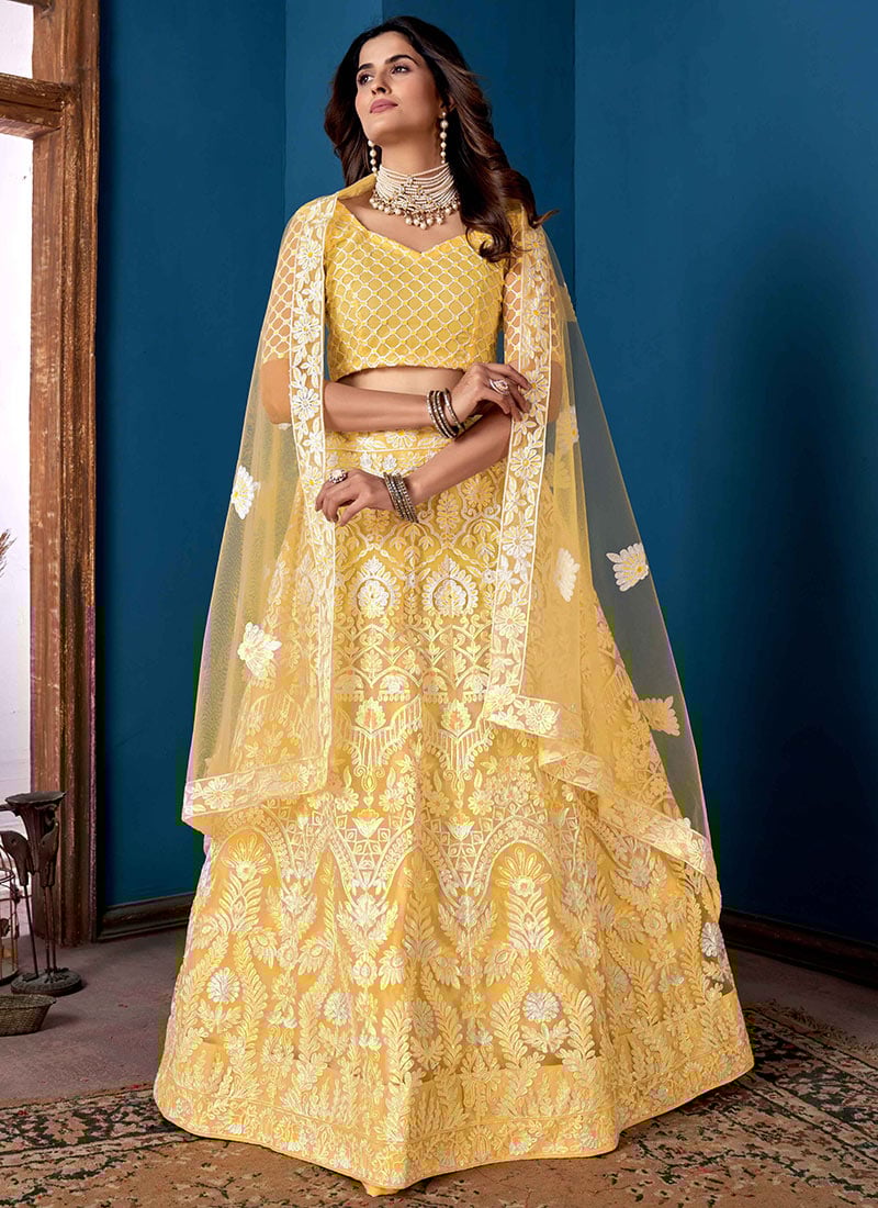 Yellow Net Embroidered Umbrella Lehenga