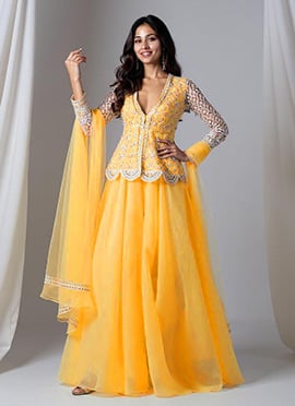 Yellow Net Hand Embroidered With Moti Work Sharara Suit