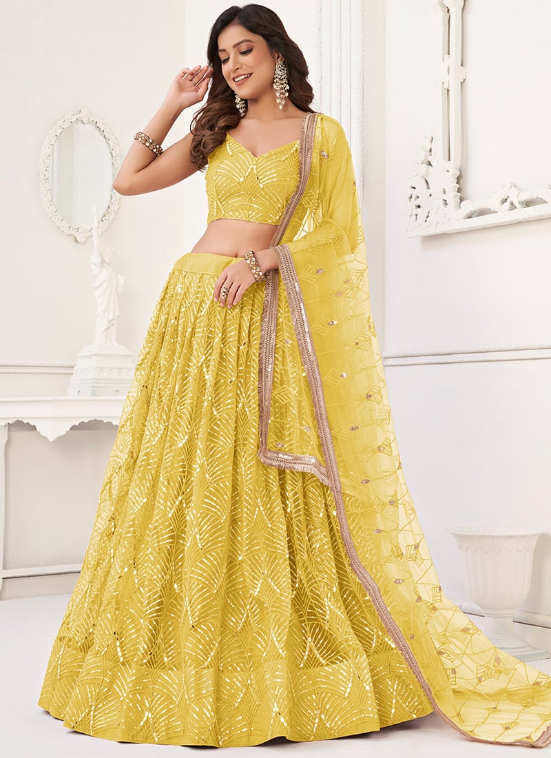 Yellow Net Hand Work Diwali Umbrella Lehenga With Embroidery And Sequins Party Wear