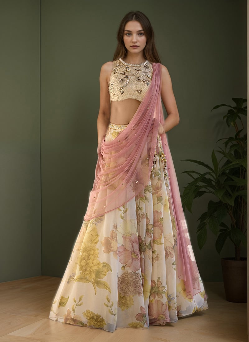 Off White Organza Digital Print Zari Hand Embroidered Sequins With Stone Work Lehenga