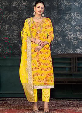Yellow Organza Embroidered And Foil Print Straight Pant Suit