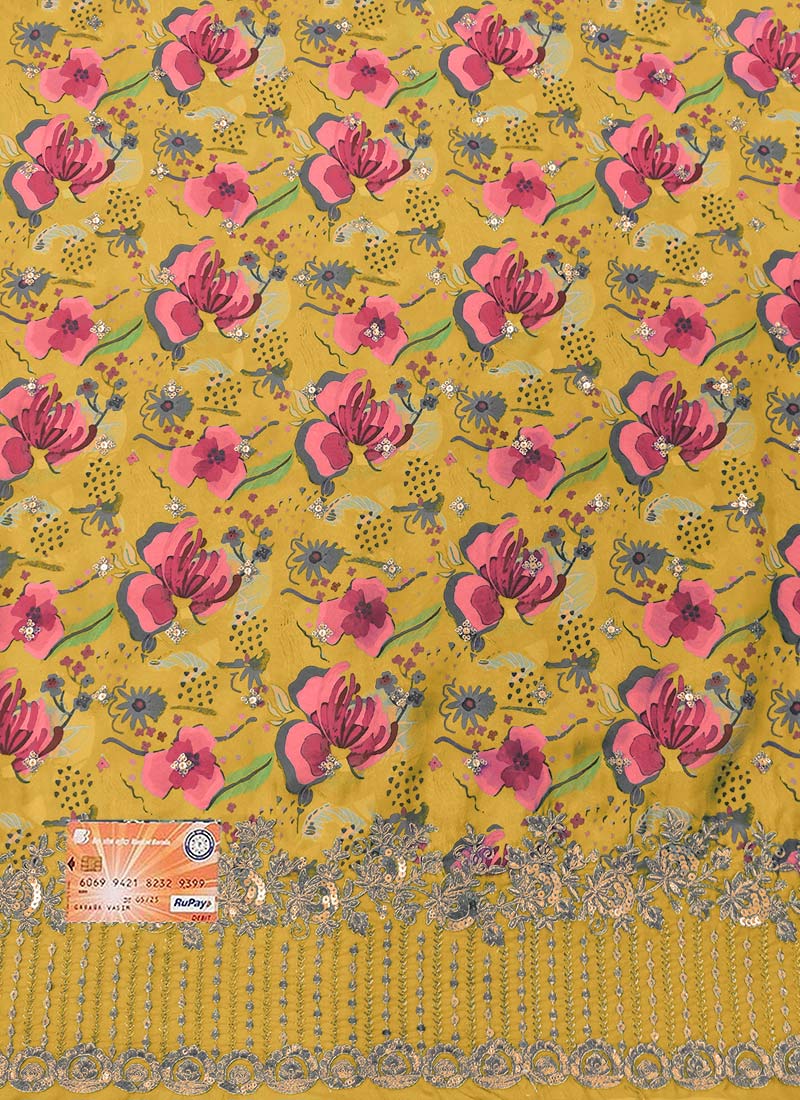 Warm Olive Organza Embroidered Fabric